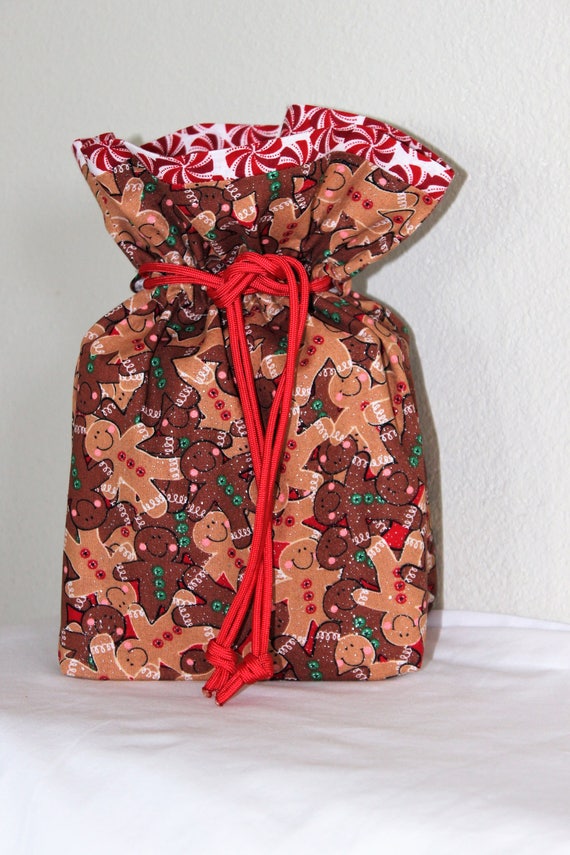 Drawstring Gift Bag Gingerbread Cookies lined in Peppermints