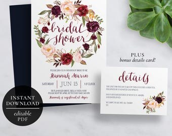 Printable Marsala Bridal Shower Invitation | Editable Template | Flora Kitchen Tea Invitation | Burgundy Flowers | Instant Download
