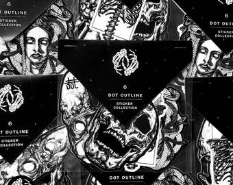 STICKER PACK (6PK) - 'Classic Collection' - Dot Outline - T-Rex, Medusa, Sphynx Cat, Human Skull, Ribcage. Gothic Cult Anatomy Flash