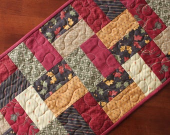 Quilted Fall Table Runner, Thanksgiving Table Runner, Fall Table Topper, Handmade, Fall Decor, Thanksgiving Decoration, Red Green Brown