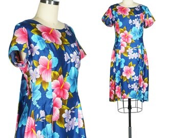 60s Hawaiian Print Dress Tiki Dress Attached Cape Back