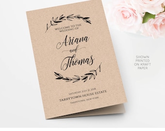 Wedding Program Printable, Rustic Laurels Ceremony Program Template, Kraft Program, INSTANT DOWNLOAD, Fully Editable, Digital #023-105WP