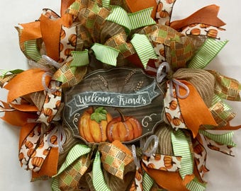 Fall Welcome Friends Wreath, Fall Welcome Wreath,Fall Wreath,Fall Burlap Wreath ,Fall Deco Mesh Wreath, Pumpkin Wreath, Ready To Ship Wreath