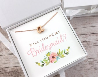 Bridesmaid Proposal Gift, Will You Be My Bridesmaid, Rose Gold Initial Necklace, Dainty Necklace, Maid of Honor Proposal - (FPS0013)