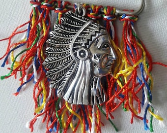 Cardigan clasp, Indian chief head on multicolor tassels pin