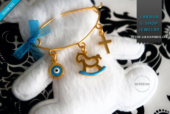 Blue Enamel Pony Carousel Baby Brooch Sterling Silver Gold Handmade Jewelry Cross Eye Mama Happy Shower Day Religious Baptism Newborn Boy