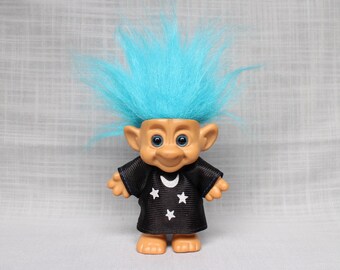 Blue Eyes and Hair Forest Troll, Wizard Troll Doll, Moon and Stars Cloth Troll, Vintage Troll Doll
