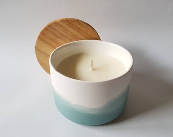 Sage, Ceramic, Beech Timber 100% Soy Candle. Glazed ceramic inside makes this a reusable storage container post candle.