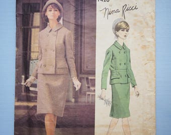 Vogue 1420 Paris Original Nina Ricci 1950s designer suit, jacket coat, skirt vintage retro sewing pattern size 16 bust 36 inches or 91cm