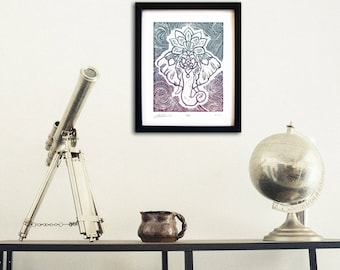 Original Lino Print, "GANESHA", Handmade, Limited Edition Artwork