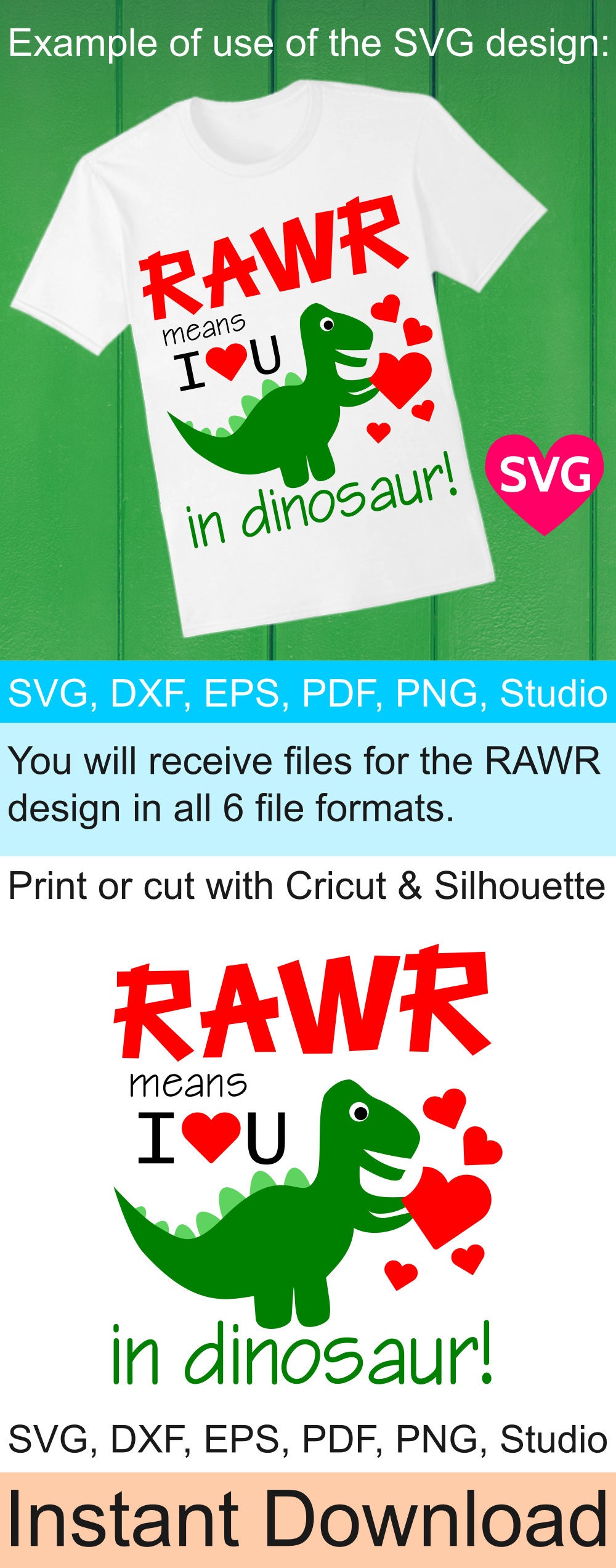 Valentine SVG Rawr Means I Love You in Dinosaur SVG file ...