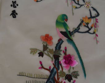 Embroided Silk with Bird and Flowers Wall Hanging
