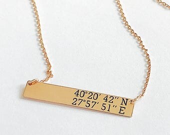Latitude Longitude Necklace, Coordinates Jewelry, Engraved Gold Bar Necklace, Coordinates Necklace, Sterling Silver, Gold,Rose Gold Necklace