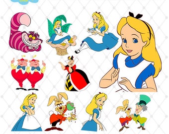 Alice in Wonderland Clipart, PNG Clip Art Files, Alice in Wonderland Printable Images, Digital Download, Transparent Background, Blue-001