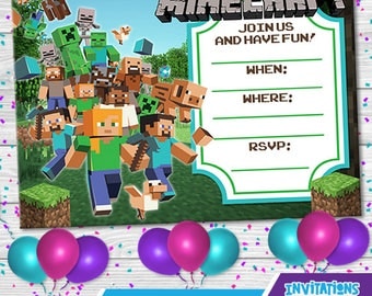 Minecraft Invitation,birthday, party kids, party invitations, digital file, IPS-044