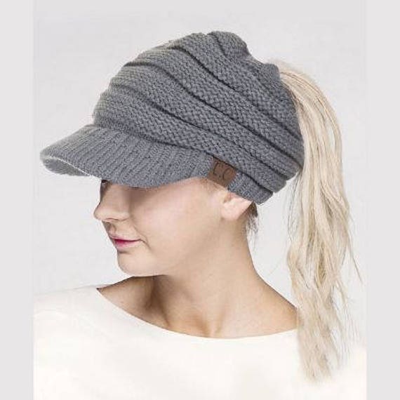 C.C. Women's Thick Soft Beanie Brim Hat w Ponytail Hole