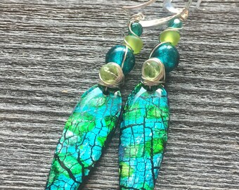 Teal and Green Poly Clay Dangle Earrings. Polymer Clay Dangles, Wire Wrapped. Silver. Long Teal Green Earrings. Under 50.