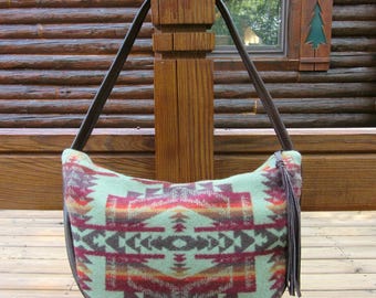 Hobo Bag Purse Shoulder Bag Handbag Brown Leather Southwest Blanket Wool from Pendleton Oregon