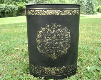 Vintage Black Metal Trash Can | French Chic Waste Paper Basket | Hollywood Glam| Home Office Decor