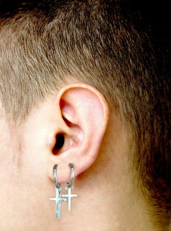 Dangling cross clip on earring mens dangle earrings silver