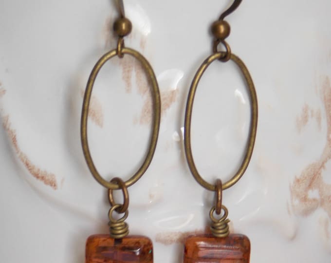 Czech Glass Earrings Boho Chic Antique Brass geometric Square Rustic Woodland Dainty Long Light Earthy Earrings Gift Rustic Jewelry