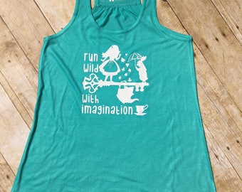 Run Wild with Imagination. Alice Racer back tank. Alice in Wonderland shirt. White Rabbit. We're all mad here. Marathon tank.