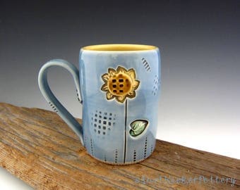 Sunflower Mug in Blue and Yellow - Pottery Mug - Coffee Mug - by DirtKicker Pottery