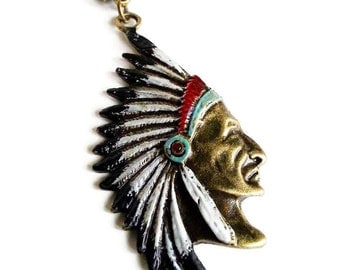 Hand Painted Native Chief Antique Bronze Necklace