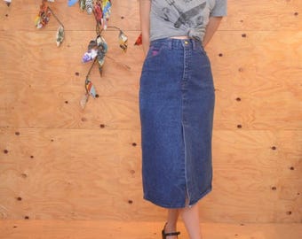 Vintage 80's High Waist Denim Jean Pucci Pencil Skirt SZ Small Midi Length