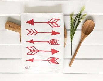Tea Towel - Valentines Day tea towel Red Arrows Flour Sack Screen Printed Cotton Dish Cloth Kitchen Home Decor Arrow Tea Towel