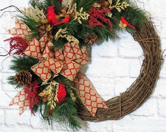 Winter Wreath, Cardinal Wreath, Christmas Wreath, Holiday Wreath, Rustic Wreath, Holiday Decor