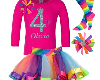 Girls 4th Birthday Shirt Rainbow Tutu Dress Birthday Long Sleeve Shirt Birthday Girl Shirt Rainbow Socks Birthday Hair Bow Custom Name Age 4