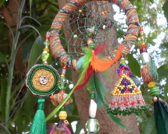 Tribal Dreamcatcher With Vintage Textiles, Beads, Shells, Feathers, Tassels and Magic