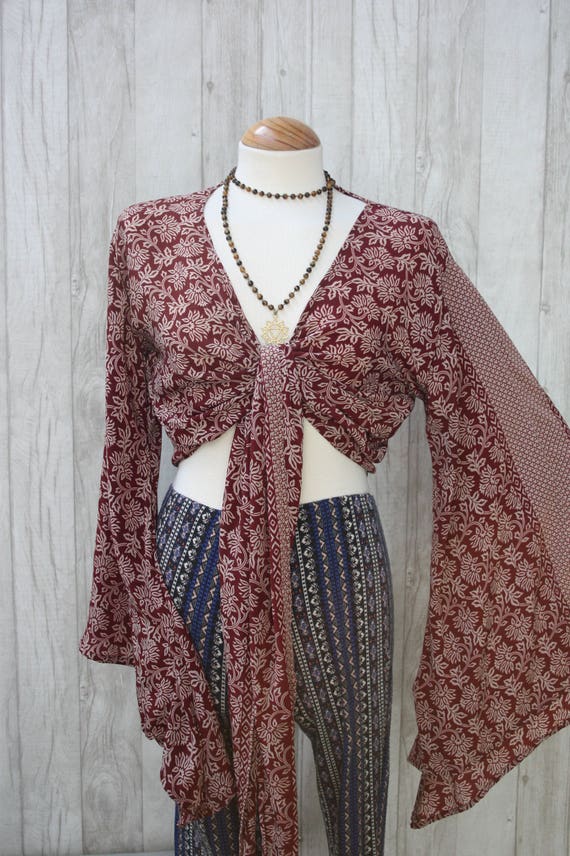 FLORAL PAISLEY TOP - Bell sleeve crop top- Silk Crop Top- Vintage- Festival Top- Hippie- Retro- 70s- Crop Top- 100% Silk- Couture