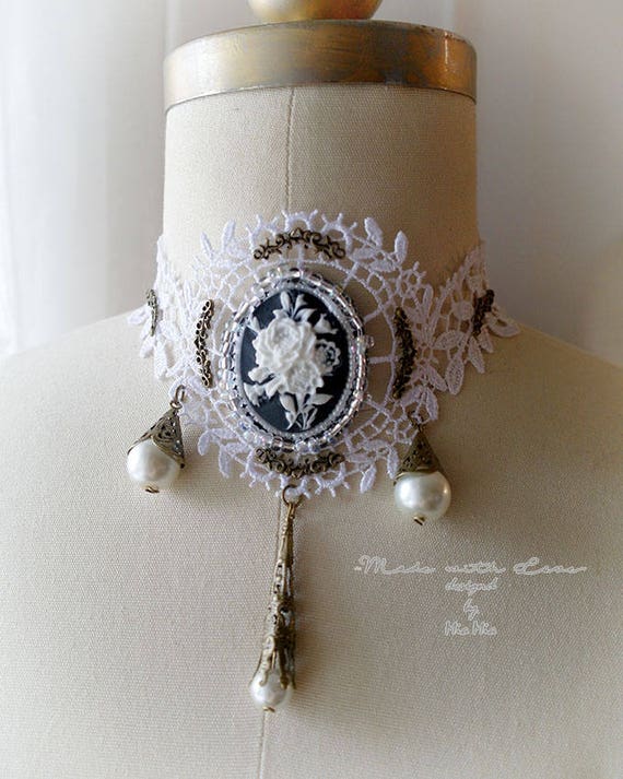 Steampunk Choker Necklace , White Lace Collar Jabot Cameo Neckpiece pearl victorian Goth Gothic Jewelry Handmade Lolita by MiaDressShop steampunk buy now online Steampunk Choker Necklace , White Lace Collar Jabot Cameo Neckpiece pearl victorian Goth Gothic Jewelry Handmade Lolita by MiaDressShop steampunk buy now online