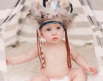 Little Chief Infant/toddler boys Headdress - Indian Headdress - Indian Party - Wild One - Indian Costume - Feather Headdress.