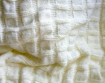 Knit Baby Blanket- Cream White, Antique White- Boy or Girl- Made To Order- Hand Knitted Afghan- Worsted Weight