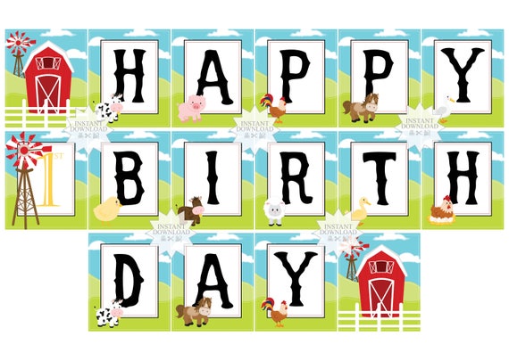 Barn Animals "Happy Birthday" Banner-Farm Animals Banner-DIGITAL ...