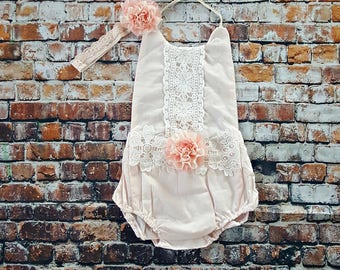 Blush Boho Chic Floral Lace Romper & Headband. Newborn Baby Girl Coming Home Outfit, 1st Birthday, Summer Set, Baby Shower Gift, Flower Girl