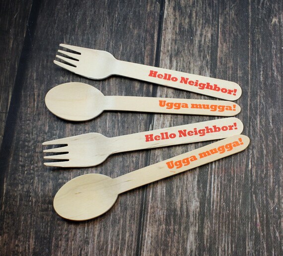 12 Daniel Tiger Hand Stamped Utensils, Forks, Spoons, Knives, Wooden, Ugga Mugga, Hello Neighbor, Kids Party, Birthday, Decoration, supplies Il_570xn