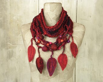 Scarf knit necklace infinity , boho loop felt , Art Hand Knitted wrap , Bohemian clothing , Gypsy shawl rope wool , Red black purple , OOAK