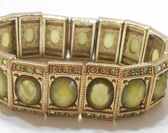 Two-tone Green Cabochon Stretch Bracelet (240) Aurora Borealis Rhinestones