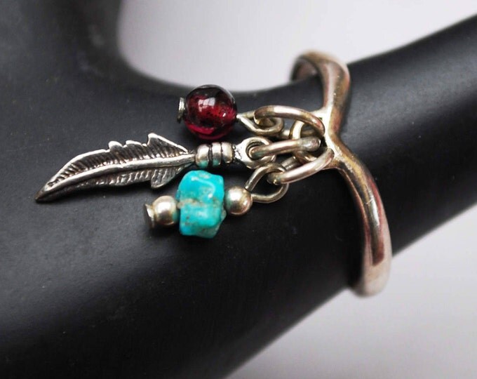 Sterling ring - Dangle Gemstone beads - Signed - turquoise Garnet- feather - size 6 ring -South Western - Native American