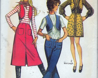 Vintage 1970 Simplicity 9173 Retro Skirt In Two Lengths, Vest & Hip Hugger Pants Sewing Pattern Size 11/12 Bust 32" UNCUT