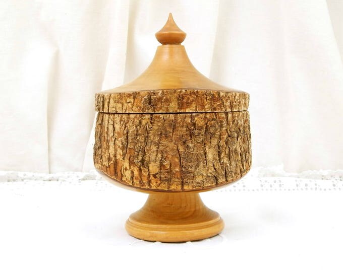 Vintage Turned Wooden Box with Bark, Hobbit Home Decor, Primitive Rustic Bucolic Decorative Box, Tobacco Tin Made from Solid Piece of Wood