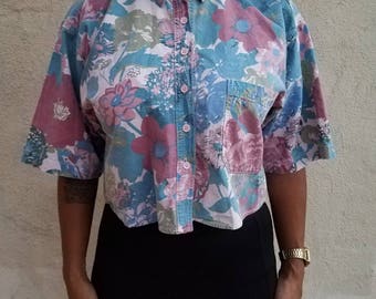 Vintage Floral Button Up "Samantha Micelli" Cropped Midriff Top - 80's / 90's