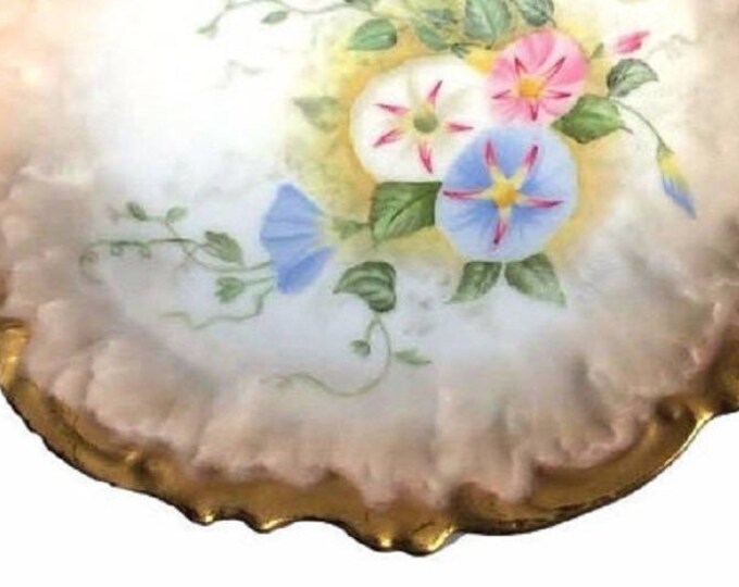 Antique French Coiffe Factory Limoges Plate, France, Heavy Gold with Morning Glories, Cabinet Plate, Hand Painted Floral Plate