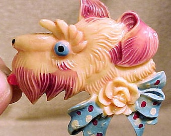 Painted Molded Celluloid Scottie Dog Pin 1930s 1940s