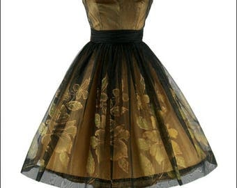 Exquisite Original 1950s Black ILLUSION Floral Party Dress l XS/S