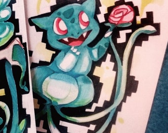 Pokemon Bulbasaur Mermaid Original Illustration for Decoration A6 Art - Cute Kawaii japanese anime girl for mermay pokefan gijinka